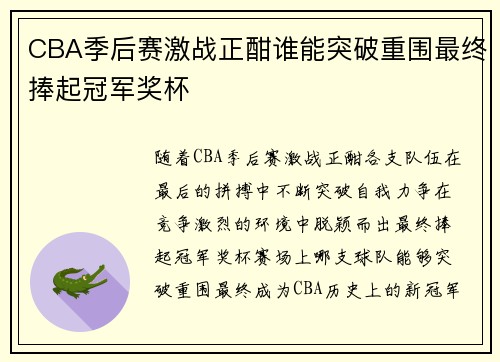 CBA季后赛激战正酣谁能突破重围最终捧起冠军奖杯